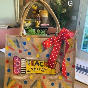 Hand painted Teacher Things Burlap Tote